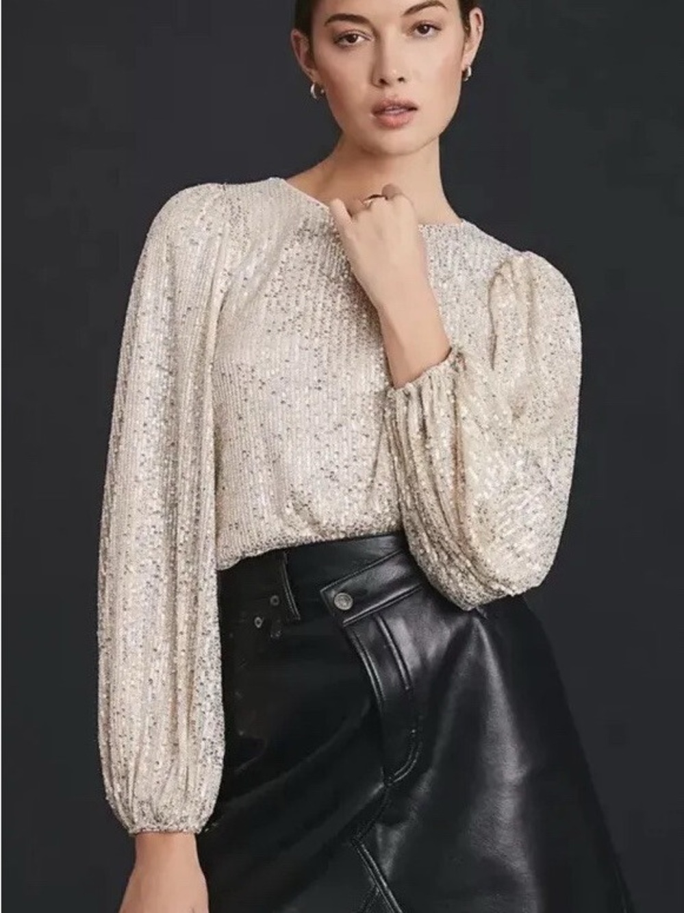 NWT Anthropologie Flat White Sequin Top champagne gold Blouse Long Sleeve